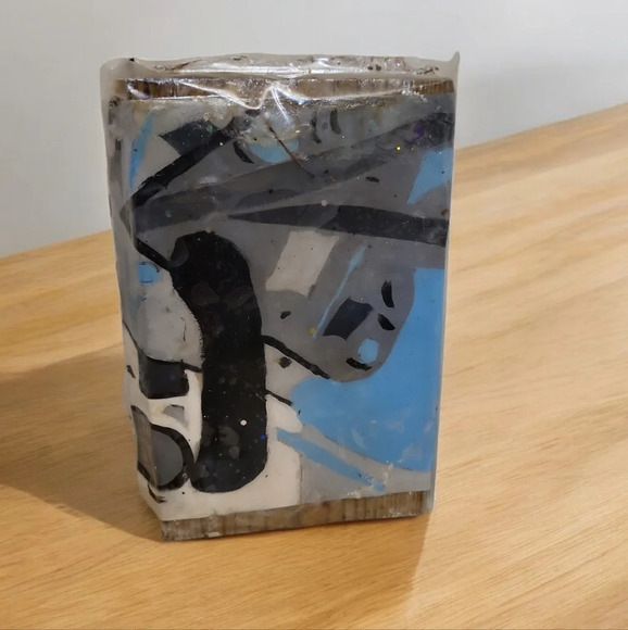 RESIN ABSTRACT Art Objects standing Wood Block Blue Black Gray